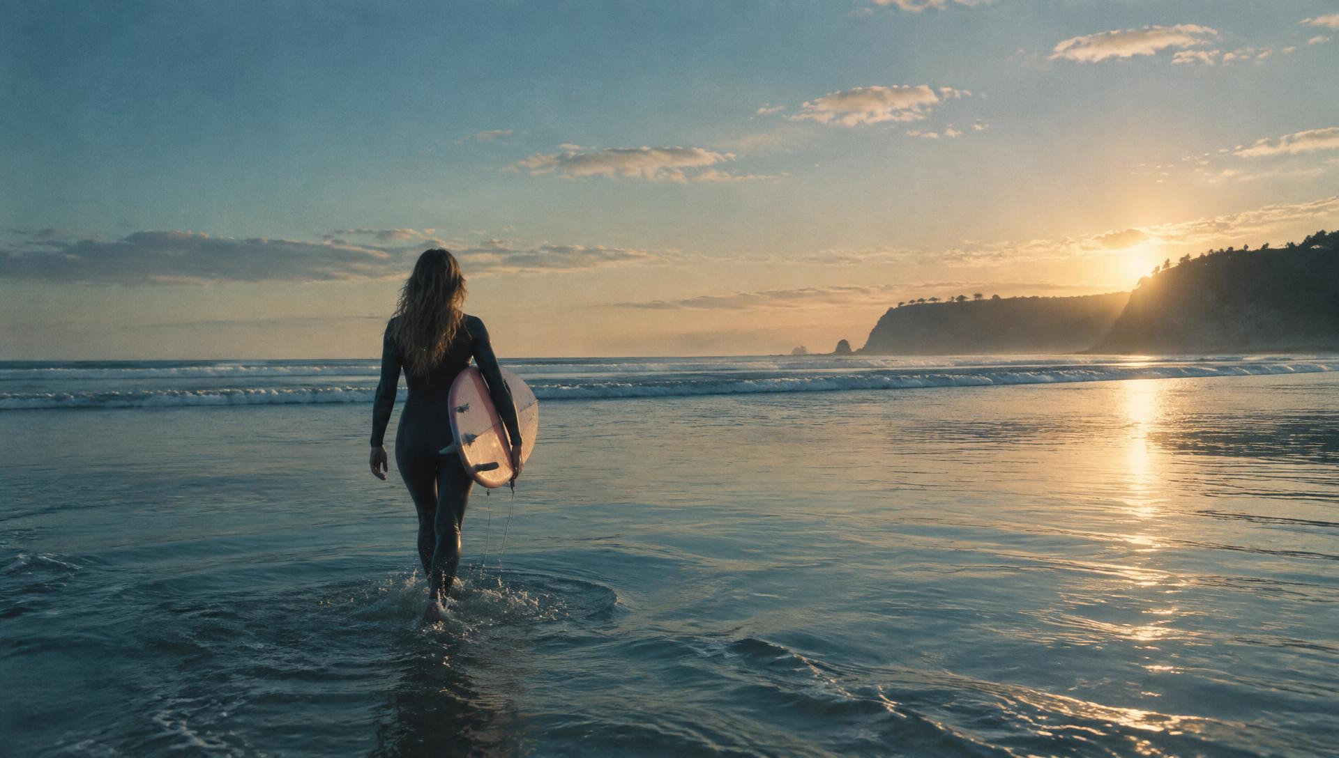 A surfer walking into calm ocean water at golden hour