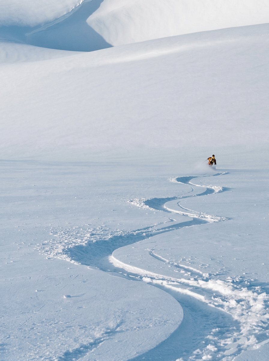 A skier carving fresh tracks across an expansive snow-covered mountain
